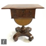 A Victorian mahogany drop leaf work table, the thumb-moulded top above two frieze drawers and a U-