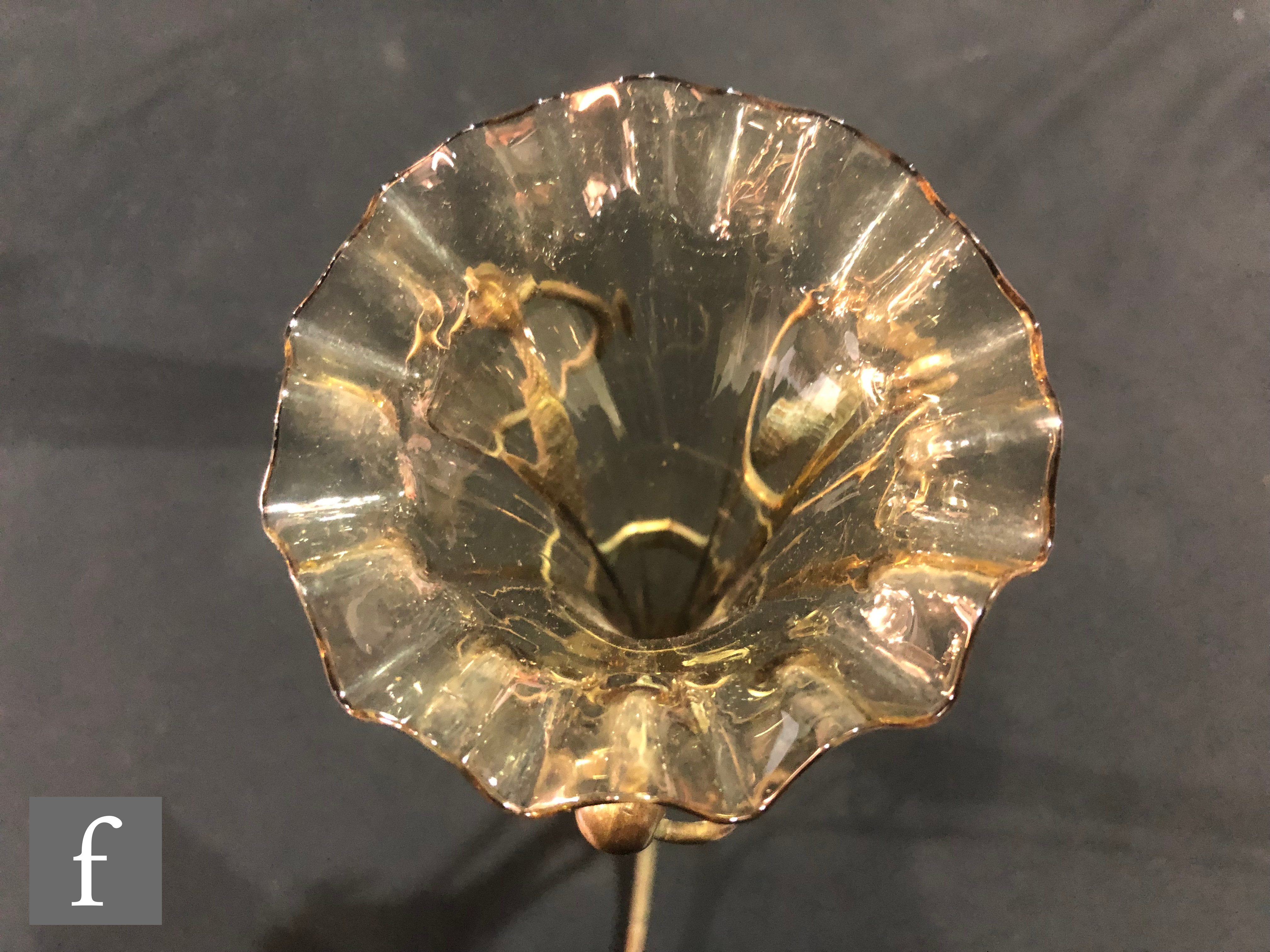 A late 19th Century posy vase of slender fluted form with a frill rim mounted to a scroll work brass - Image 2 of 5