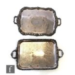 An early 20th Century silver plated rectangular twin handled tray with engraved foliate design