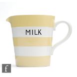 A T.G Green Cornish Kitchen Ware milk jug with yellow bands, printed to the interior Half Pint,