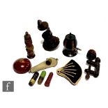 A small collection of assorted sewing related collectables to include two Victorian treen clamps