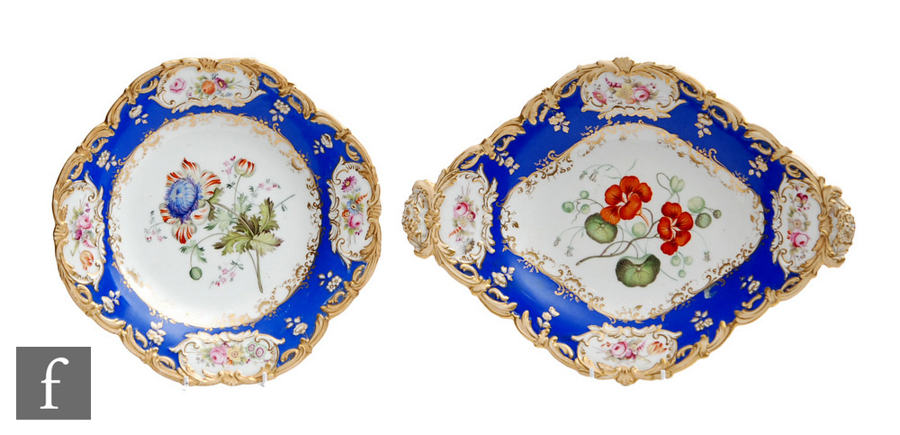 Two 19th Century dessert plate dishes, possibly Spode, both decorated with hand painted botanical