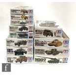 Twelve Tamiya 1:35 scale military plastic model kits, to include 35100-3200 Churchill Crocodile,