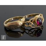 A 9ct single stone garnet ring in the Celtic style, weight 3g, ring size R, with a 9ct signet