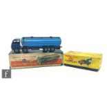 A Dinky Toys 504 Foden 14 Ton Tanker with first type cab with dark blue cab and chassis and mid blue