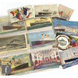 A collection of White Star shipping cards including two Titanic cards and other liners and amusement