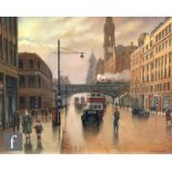 STEVEN SCHOLES (B. 1952) - 'Oxford Road, Manchester, 1953', oil on board, signed, inscribed verso,