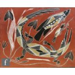 AUSTRALIAN ABORIGINAL SCHOOL (20TH CENTURY) - Fish and crocodile, ink drawing on red ground, framed,