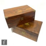 A Victorian walnut brass cornered work box, width 35cm, and a similar work box, 35cm. (2)