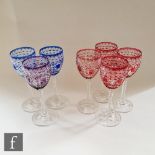 A set of seven Royal Brierley wine glasses, the round funnel bowl with facet cut and diamond cut