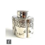 A Victorian hallmarked silver oval tea caddy with part embossed foliate decoration, height 7.5cm,