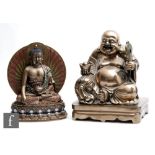 Two contemporary Buddhist figures, the resin figures depicting a laughing Buddha on a plinth base,