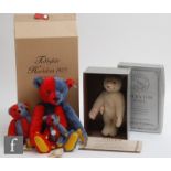 Four Steiff teddy bears, a 420214 Club Edition Harlequin 1925 teddy bear, red and blue mohair,