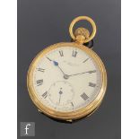 An 18ct hallmarked crown wind open faced pocket watch, Roman numerals to a white enamelled dial,