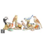 Seven assorted Royal Worcester models of birds comprising Blue Tits 3375, Thrush 3234, Waxwing 3648,