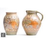 A 1930s Charlotte Rhead for Bursley Ware Art Deco flower jug and vase, both decorated in the TL5