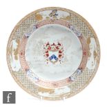 A Chinese 18th Century export porcelain armorial dish, decorated en grisaille with central coat of