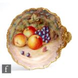 A Royal Worcester Fallen Fruits scallop edge dish with moulded shell handle decorated by Ayrton with