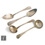 A pair of hallmarked silver old English pattern table spoons with a pair of silver ladles, total