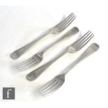 A set of four Victorian hallmarked silver fiddle and thread pattern dinner forks, weight 10.5oz,