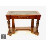 A 19th century inverted break front washstand with later inset leather top, on turned legs united by