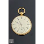 An 18ct open faced key wind pocket watch, Roman numerals to a white enamelled dial, case diameter