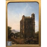 HENRY WILLIAM BREWER (1836-1903) - A figure walking beside a ruined tower, oil on board, inscribed