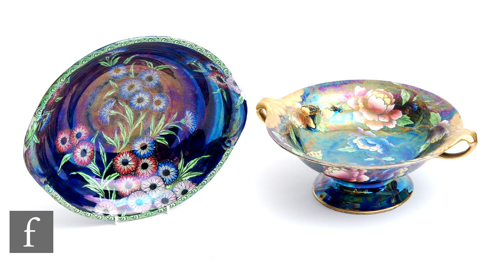 Two 1930s Maling bowls, the first a comport with twin handles decorated in pattern 5030 with