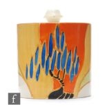Clarice Cliff - Windbells - A drum shaped preserve pot and cover circa 1932, hand painted with a