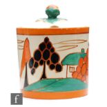 Clarice Cliff - Orange Trees & House - A large size drum shaped preserve pot and cover circa 1930,