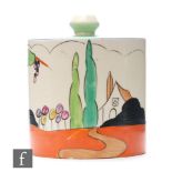 Clarice Cliff - Applique Idyll - A drum shaped preserve pot and cover circa 1930, hand painted