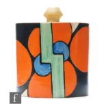 Clarice Cliff - Picasso Flower - A drum shaped preserve pot and cover circa 1930, hand painted