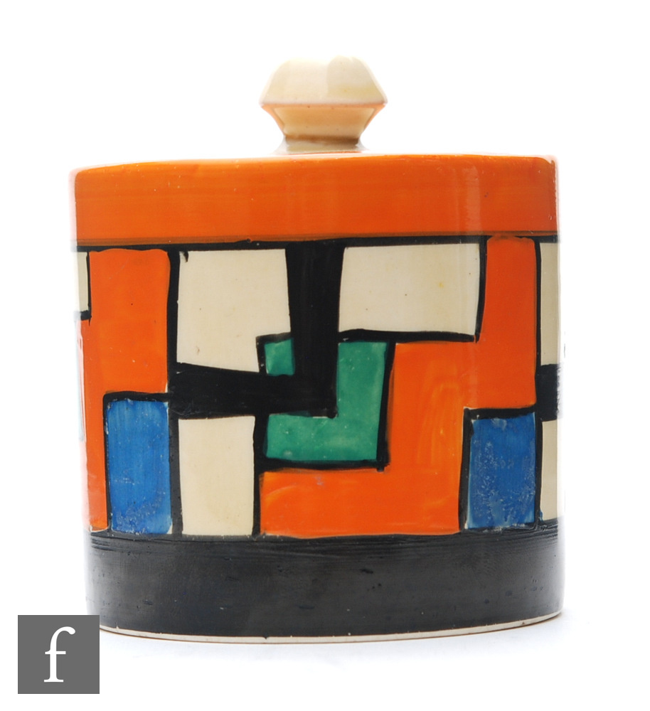 Clarice Cliff - Mondrian - A drum shaped preserve pot and cover circa 1929, hand painted with an