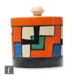 Clarice Cliff - Mondrian - A drum shaped preserve pot and cover circa 1929, hand painted with an