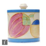 Clarice Cliff - Pastel Melon - A drum shaped preserve pot and cover circa 1932, hand painted with