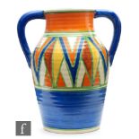 Clarice Cliff - Original Bizarre - A 12 inch size twin handled Lotus jug circa 1928, hand painted