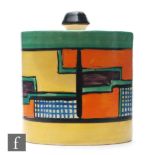 Clarice Cliff - Football - A drum shaped preserve pot and cover circa 1930, hand painted with an