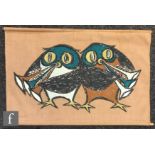 Aase Og Preben Jangaard - A 1960s wall hanging with printed decoration of two owls playing trumpets,