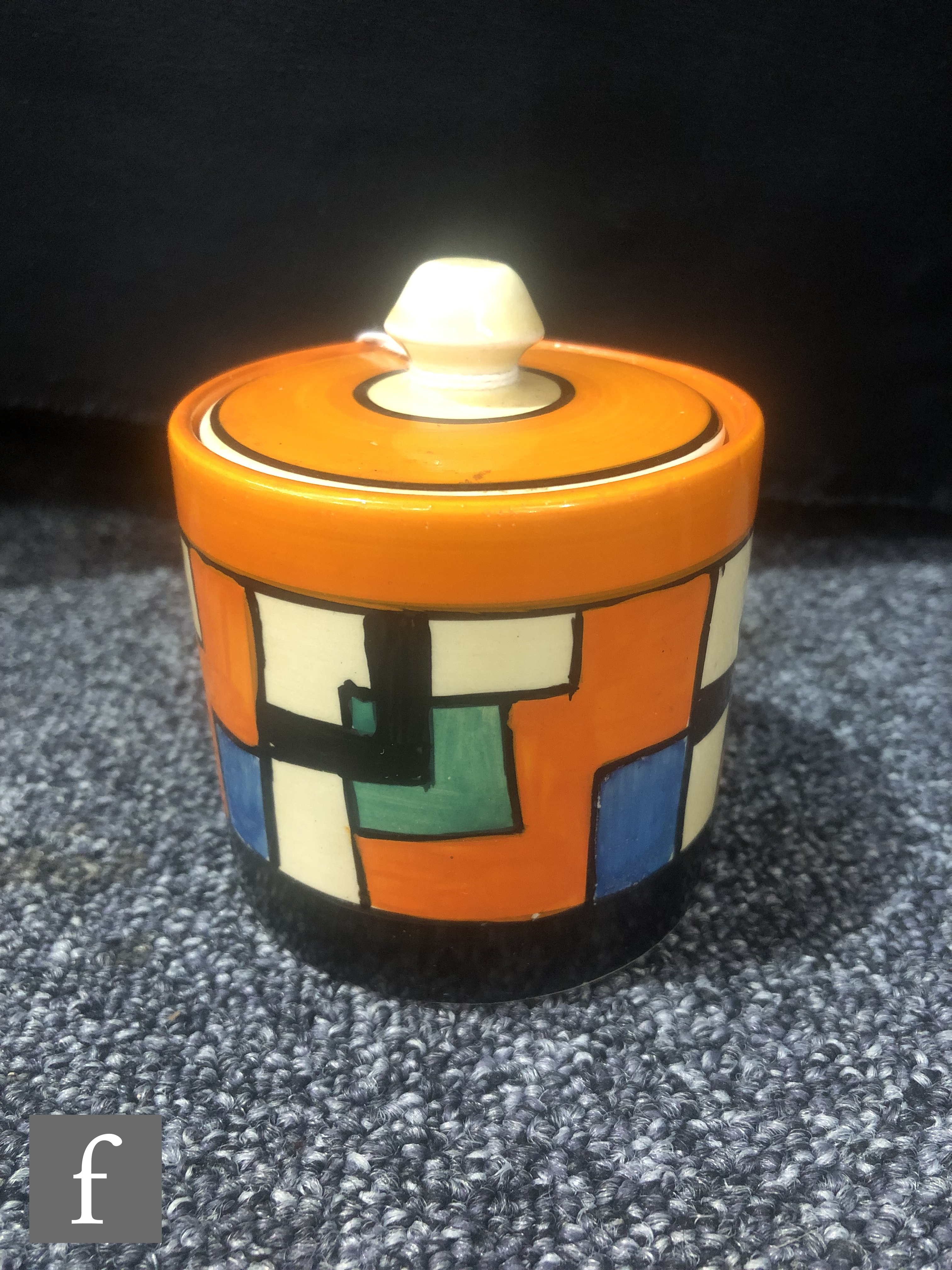 Clarice Cliff - Mondrian - A drum shaped preserve pot and cover circa 1929, hand painted with an - Image 3 of 5