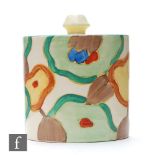 Clarice Cliff - Green Chintz - A drum shaped preserve pot and cover circa 1932, hand painted with