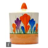 Clarice Cliff - Crocus - A small size drum preserve pot and cover circa 1930, hand painted with