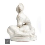 Arne Bang - A 1940s Art Deco model of a seated fawn in a grey speckled glaze, monogrammed AB, height