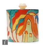 Clarice Cliff - Green House - A drum shaped preserve circa 1931, hand painted with a double images