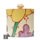 Clarice Cliff - Summerhouse - A drum shaped preserve pot and cover circa 1932, hand painted with a