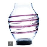 James Hogan - Whitefriars - A 1930s ribbon trailed glass vase, pattern 8975, the clear ovoid form