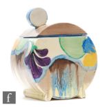 Clarice Cliff - Delecia Pansies - A Bon Jour shape preserve pot and cover circa 1932, hand painted