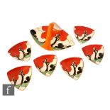 Clarice Cliff - Red Autumn - A shape 471 Bon Bon tray circa 1930, together with a matched set of six