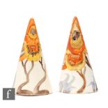 Clarice Cliff - Rhodanthe - A pair of Conical salt and pepper pots circa 1934, hand painted with a