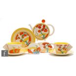 Clarice Cliff - Bridgewater - A Bon Jour early morning breakfast service comprising teapot, milk,