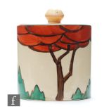 Clarice Cliff - Limberlost - A drum shape preserve pot and cover circa 1932, hand painted with a